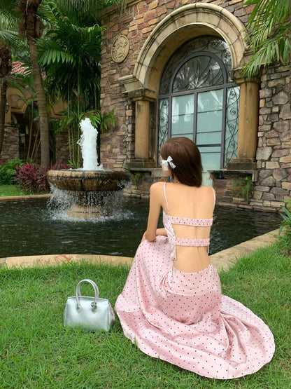 Pink polka dot suspender top two-piece set chic sweet and spicy skirt set R0822