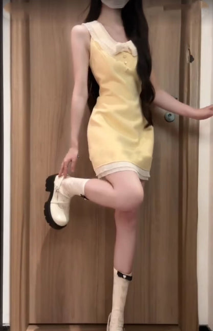 Beautiful dress with a sense of wealth, doll collar and waist yellow skirt new style R0809