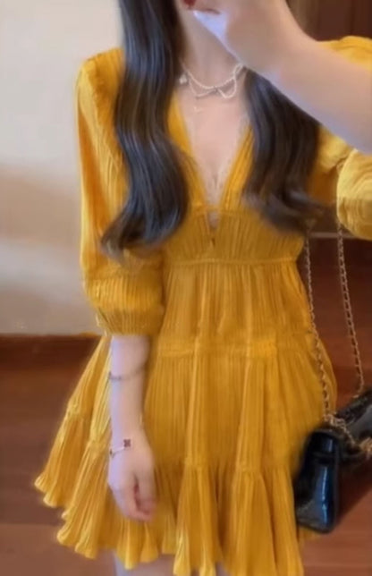 Yellow v-neck dress new style seaside holiday temperament waist a-line skirt R0678