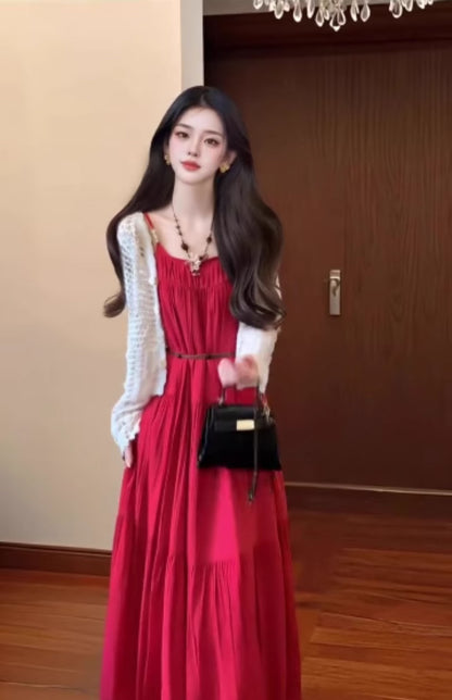 Retro red suspender dress holiday style temperament waist A-line long skirt R0682