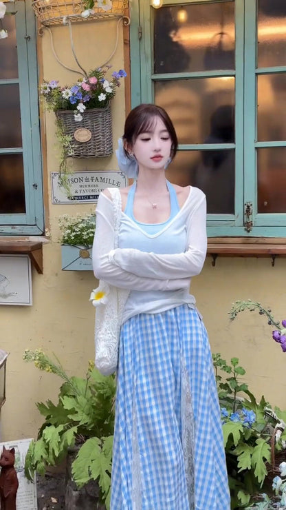 Women's suit beautiful long-sleeved T-shirt blue halter neck vest skirt three-piece suit R0695