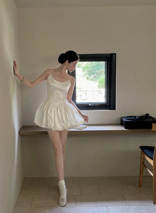 Cute Ball Gown Spaghetti Straps White Satin Short Ballet Skirt Birthday Dresses Birthday Outfits