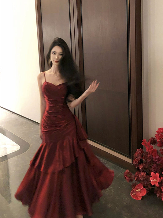 Wine Red Long Mermaid Straps Evening Dress Formal Dress, Wine Red Satin Prom Dress