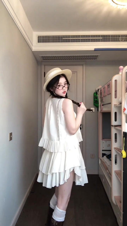 Travel wear beautiful sleeveless vest irregular short skirt two-piece suit female 2025 R0838