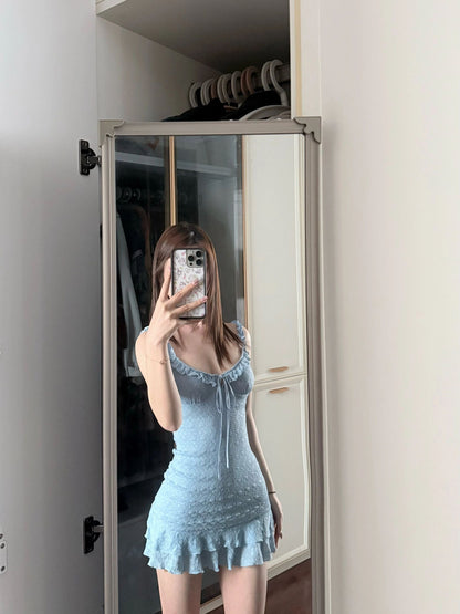 Sexy retro blue suspender dress beautiful waist slim a-line short skirt R0724