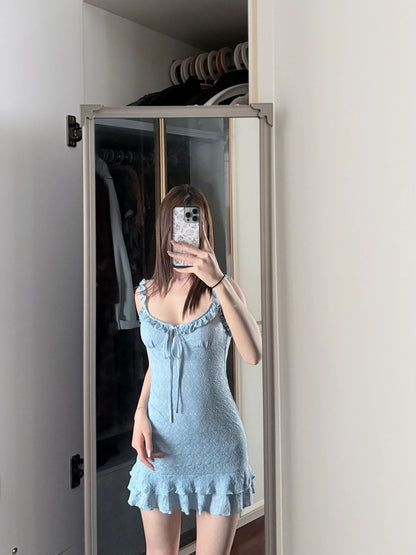 Sexy retro blue suspender dress beautiful waist slim a-line short skirt R0724