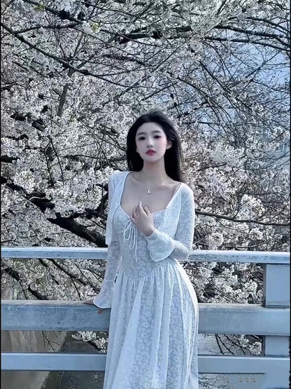 Gentle white moonlight suspender dress beautiful waist A-line long skirt R0718
