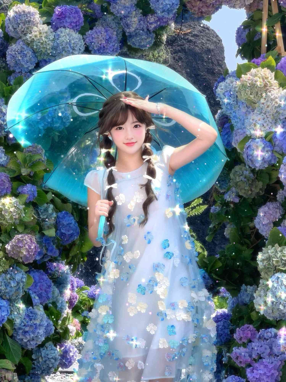 Gentle and sweet style blue flower short-sleeved dress holiday style A-line long skirt R0721