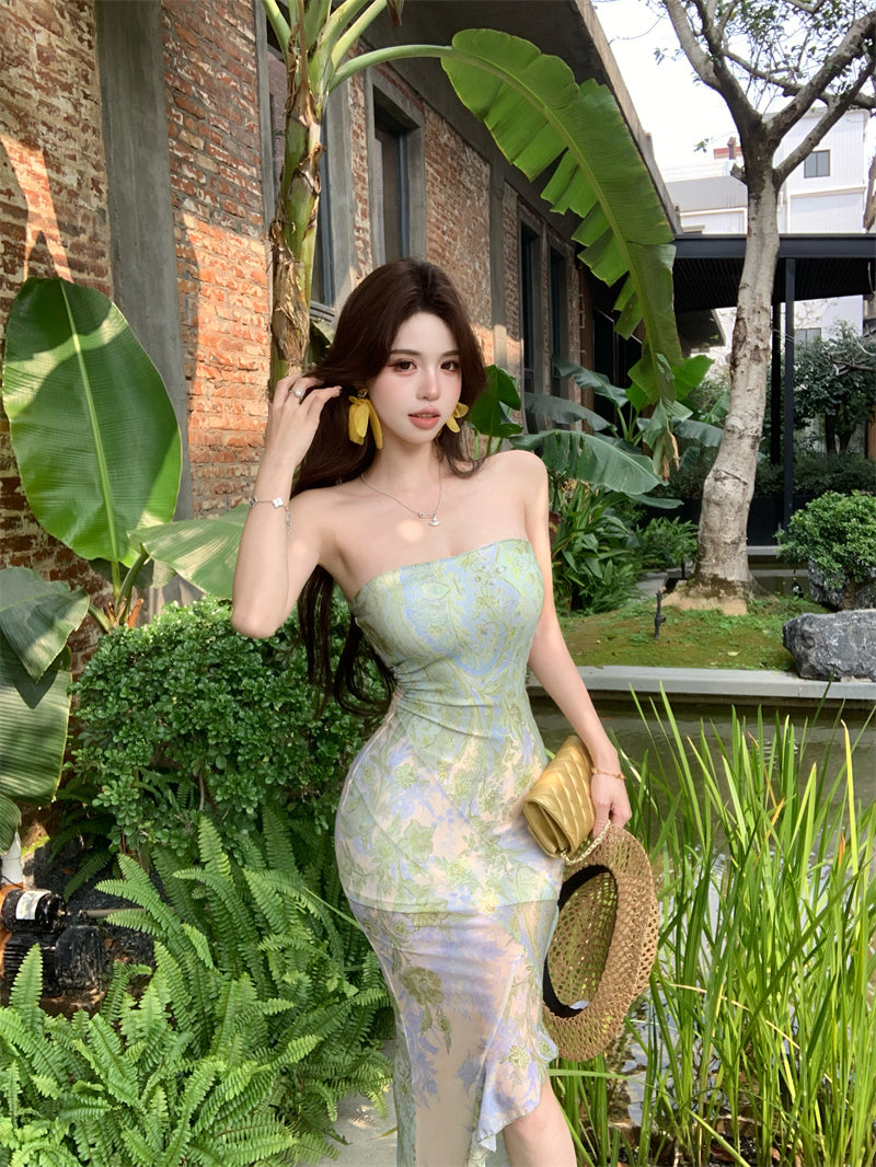 Green floral tube top dress sexy waist slim hip skirt R0626