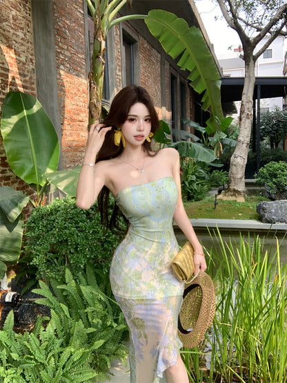 Green floral tube top dress sexy waist slim hip skirt R0626