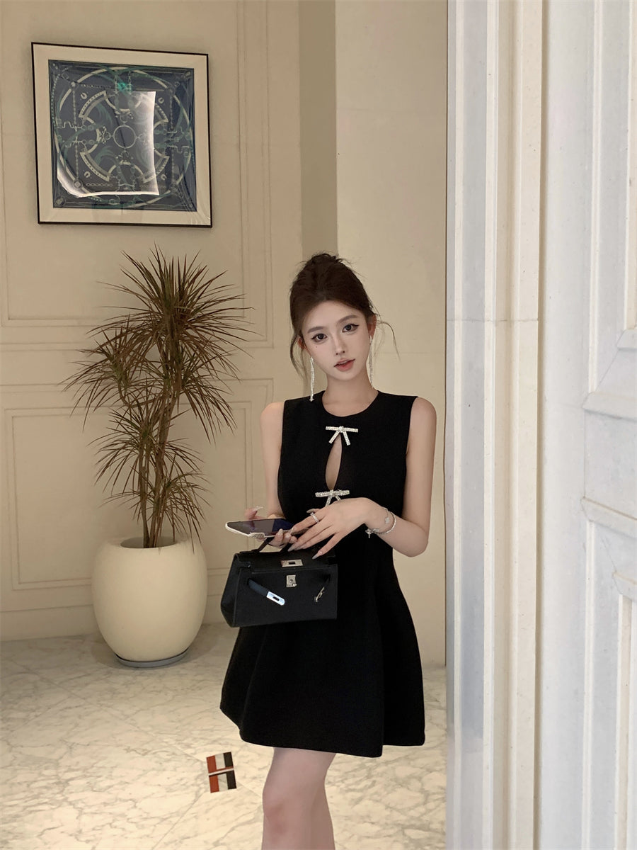 Temperament little black dress bow vest dress waist A-line small dress R0536
