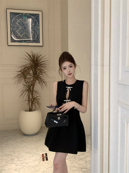 Temperament little black dress bow vest dress waist A-line small dress R0536