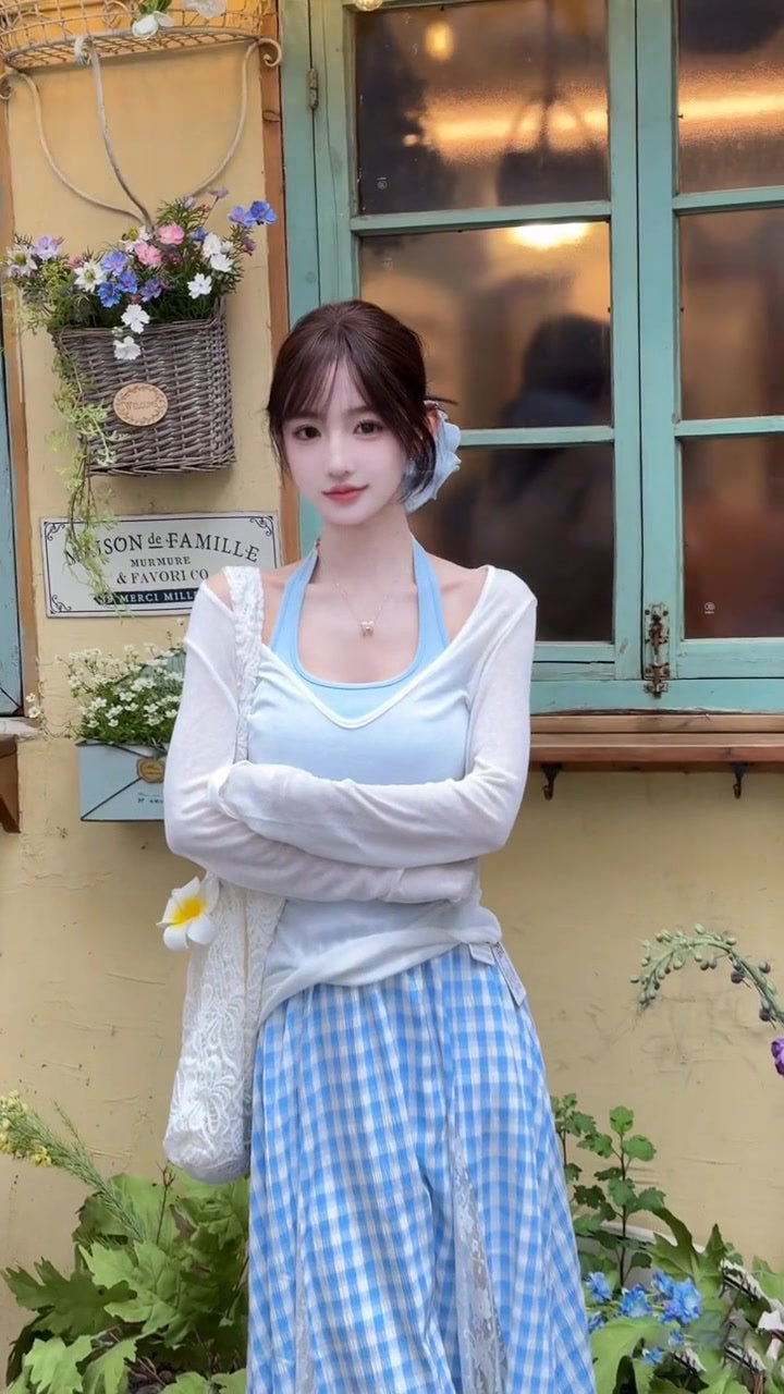Women's suit beautiful long-sleeved T-shirt blue halter neck vest skirt three-piece suit R0695