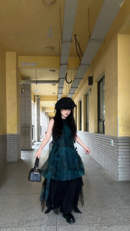 Forest style outfit retro green mesh sleeveless vest dress beautiful skirt R0738