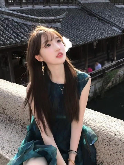Retro green sleeveless vest dress gentle and sweet style waist A-line short skirt R0706