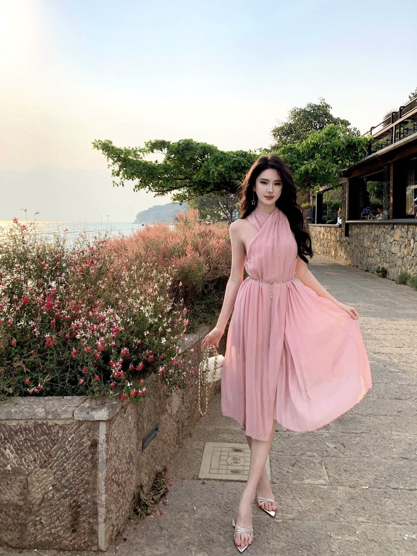Pink sleeveless halter dress gentle style super beautiful dress R0727