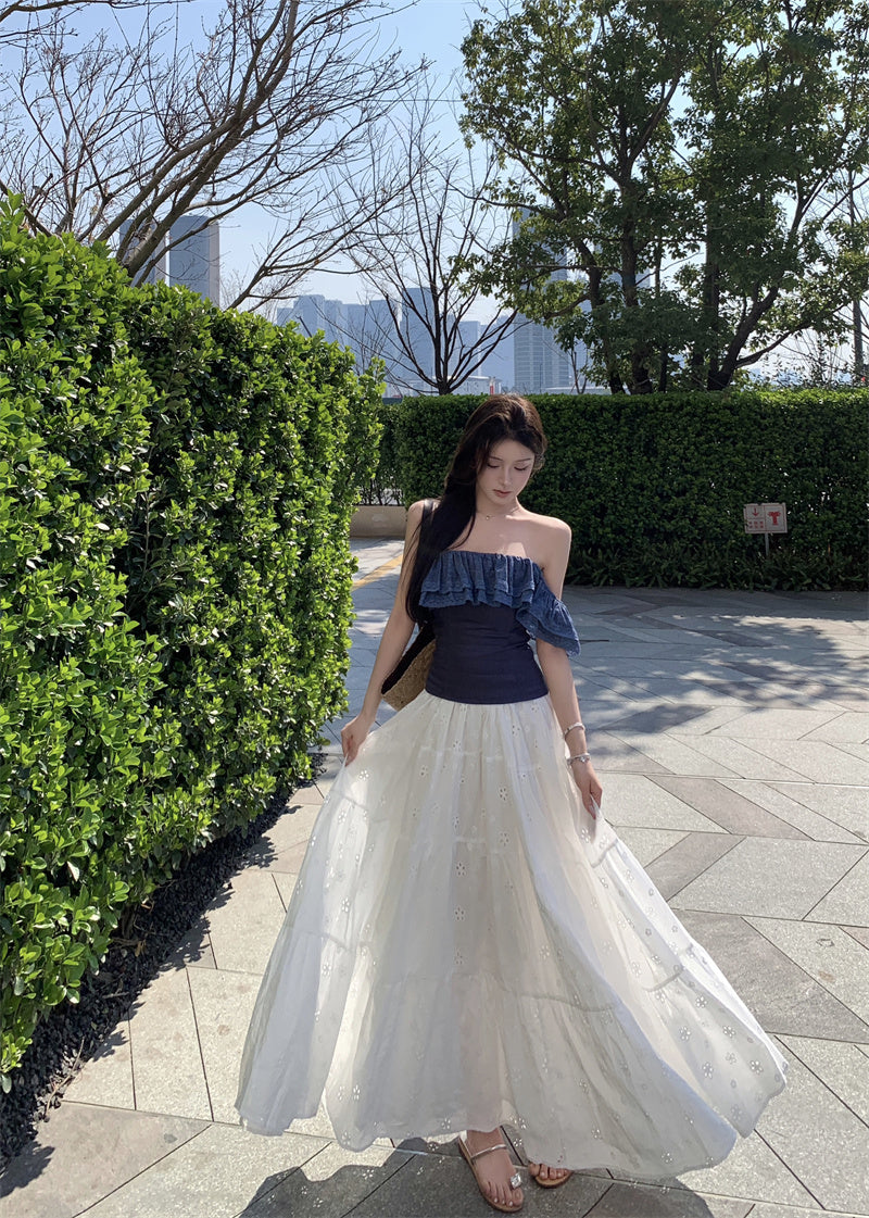 Beautiful outfit set, gentle temperament, beautiful one-shoulder top, A-line skirt, two-piece suit R0728