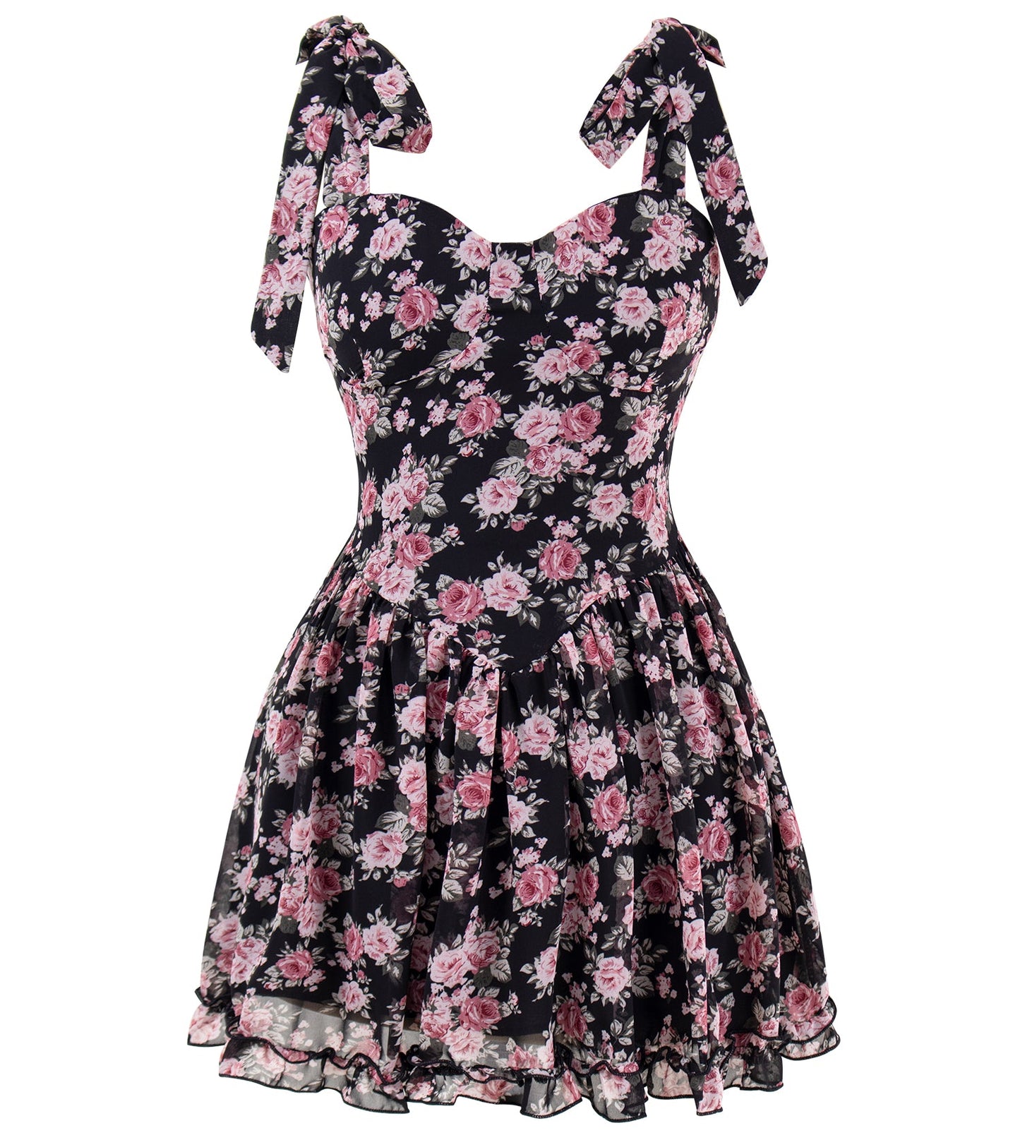 2025 new floral dress women's bow waist tea break dress suspenders short skirt R0014