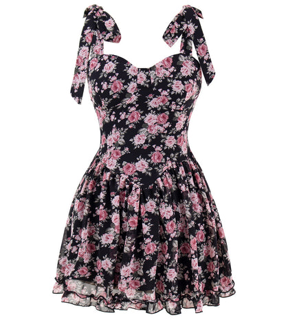 2025 new floral dress women's bow waist tea break dress suspenders short skirt R0014
