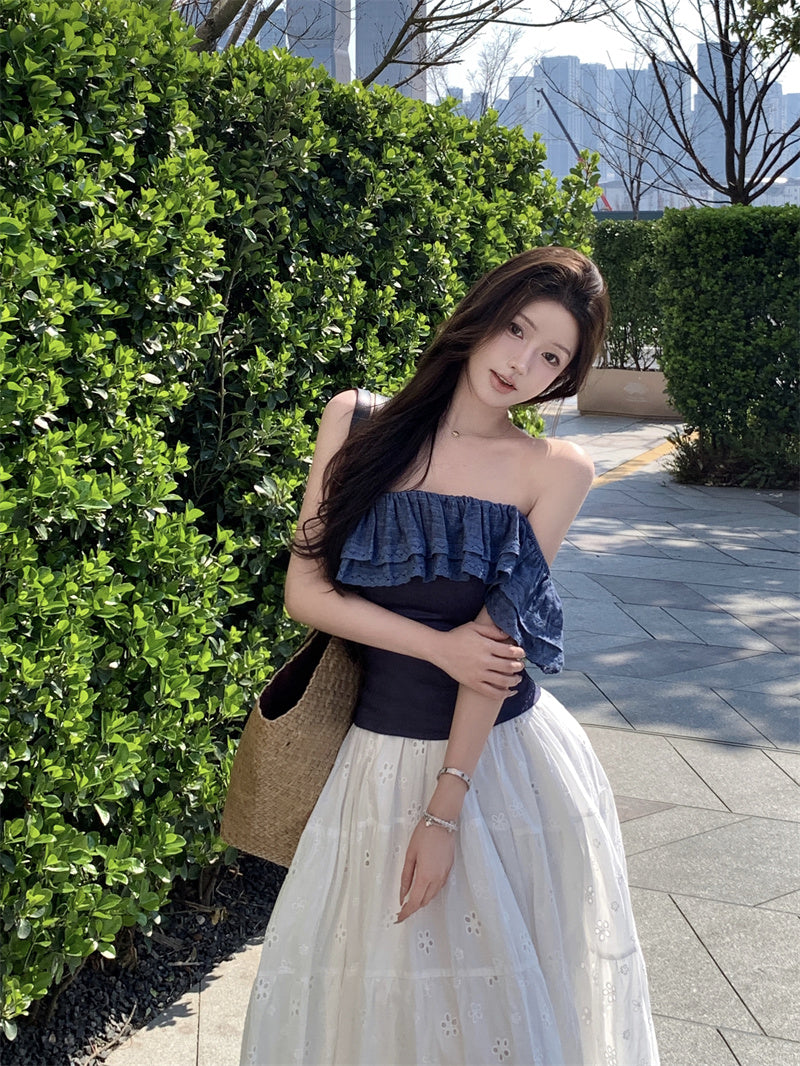 Beautiful outfit set, gentle temperament, beautiful one-shoulder top, A-line skirt, two-piece suit R0728