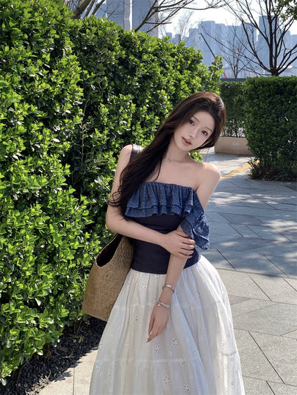 Beautiful outfit set, gentle temperament, beautiful one-shoulder top, A-line skirt, two-piece suit R0728
