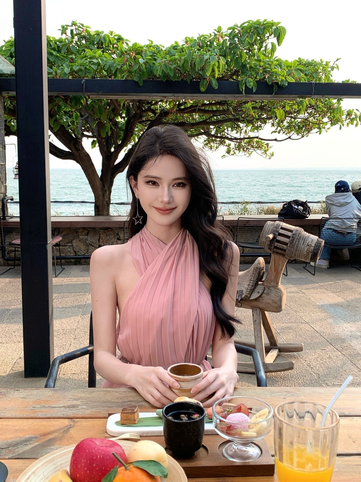 Pink sleeveless halter dress gentle style super beautiful dress R0727