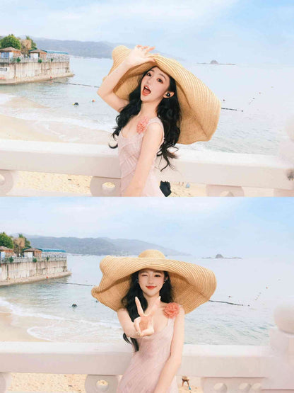 Pink lace suspender dress unique waist temperament long skirt R0496