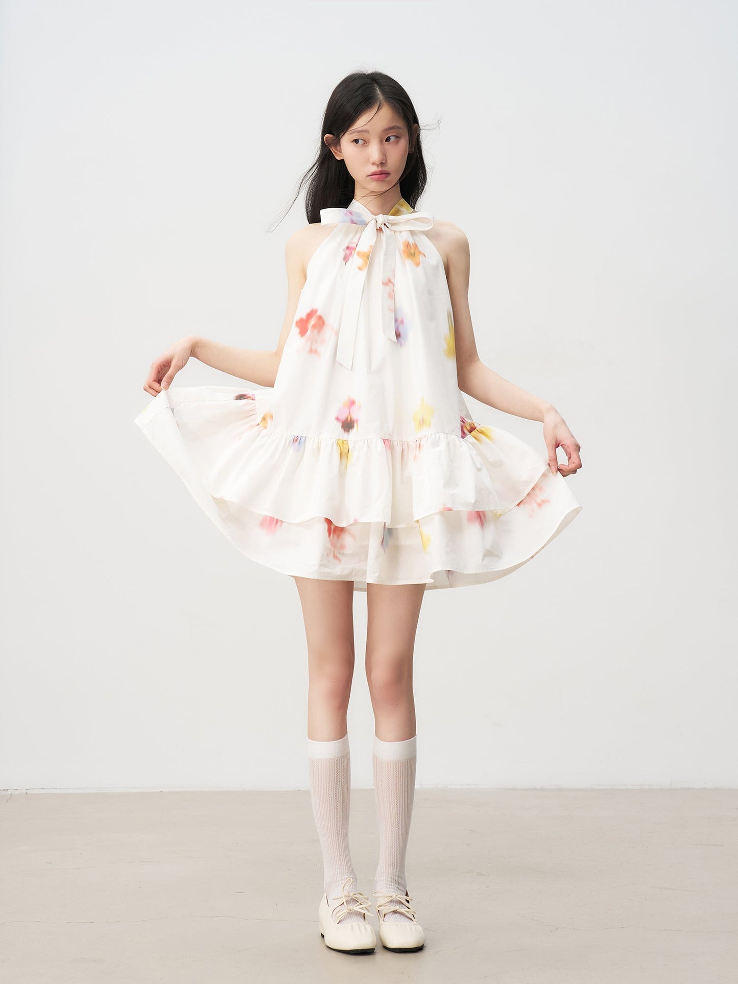 Sleeveless Floral Bow Tie Halter Dress with Ruffled Hem Tutu Skirt R5169