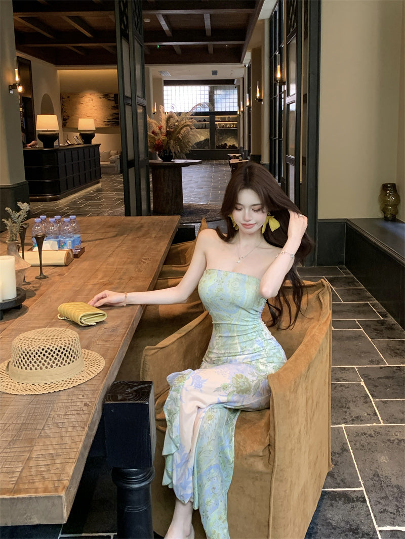 Green floral tube top dress sexy waist slim hip skirt R0626
