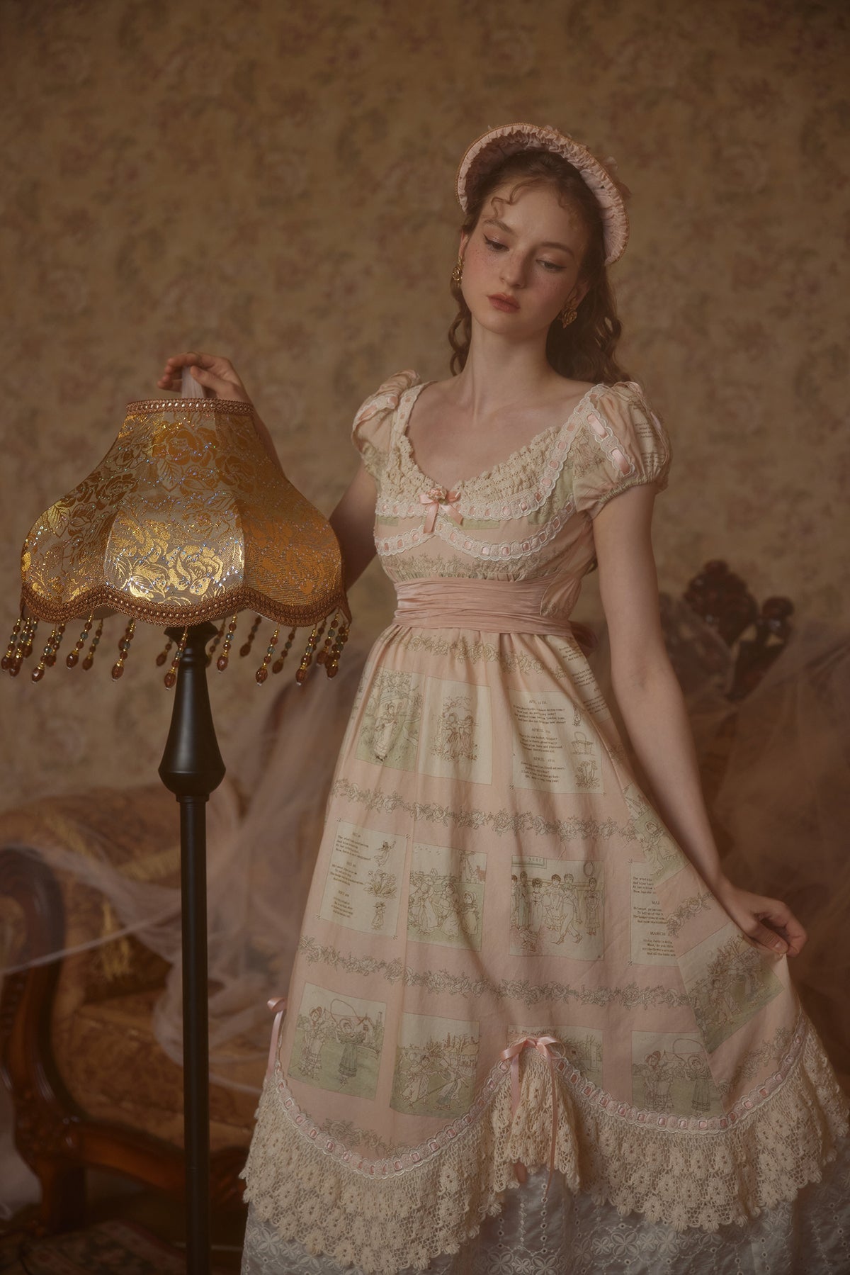 French court style empire dress printed lace dress cotton homecoming dress R5116