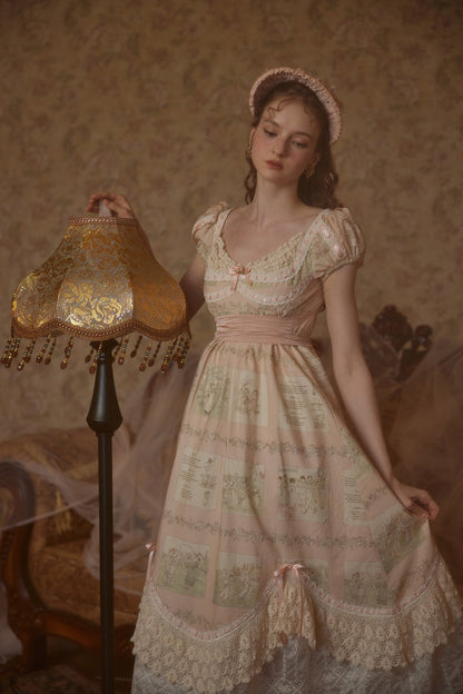 French court style empire dress printed lace dress cotton homecoming dress R5116