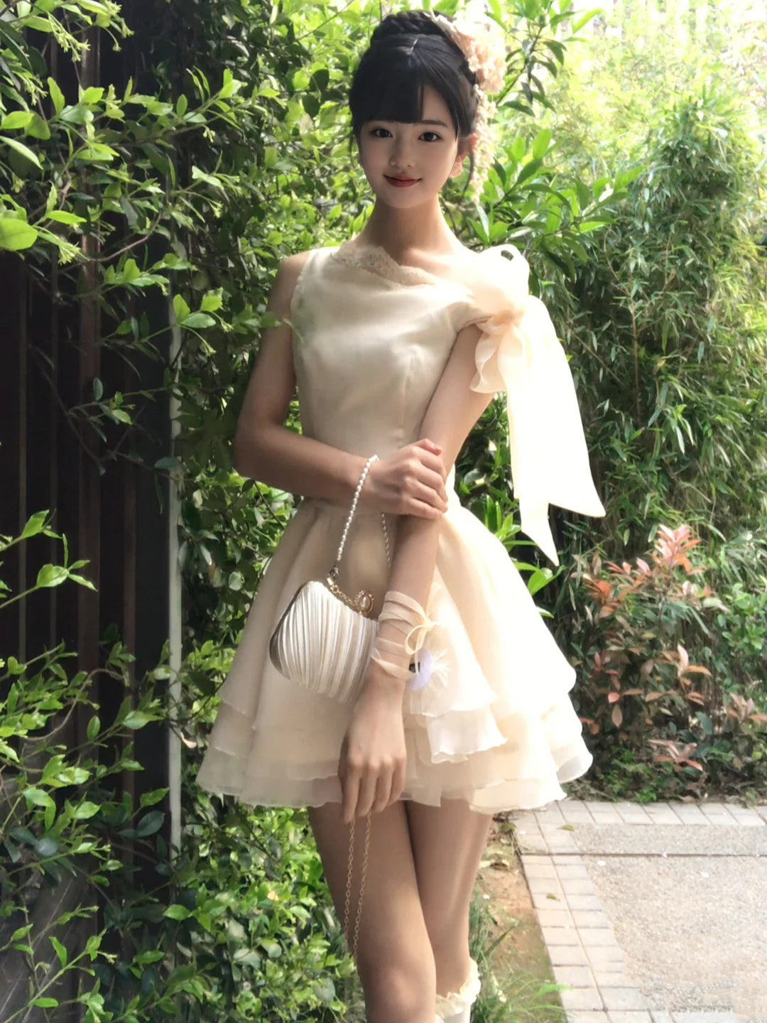 Gentle temperament lace off-shoulder dress beautiful waist small dress tutu skirt R0793