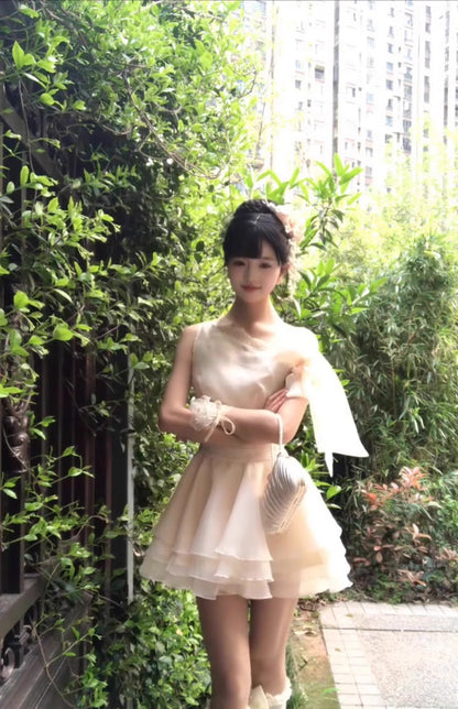 Gentle temperament lace off-shoulder dress beautiful waist small dress tutu skirt R0793