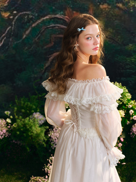French fairy dress one-shoulder white long dress lace fishbone skirt long sleeves R5103