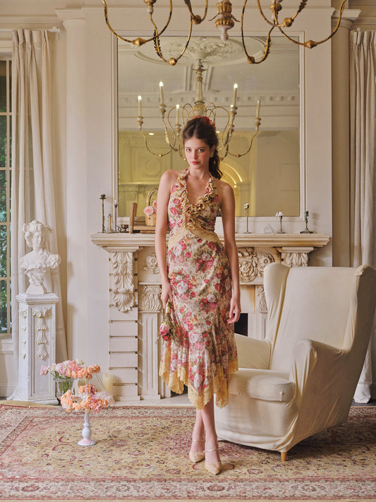 French retro romantic vacation stretch print mesh halter neck fishtail dress R5104