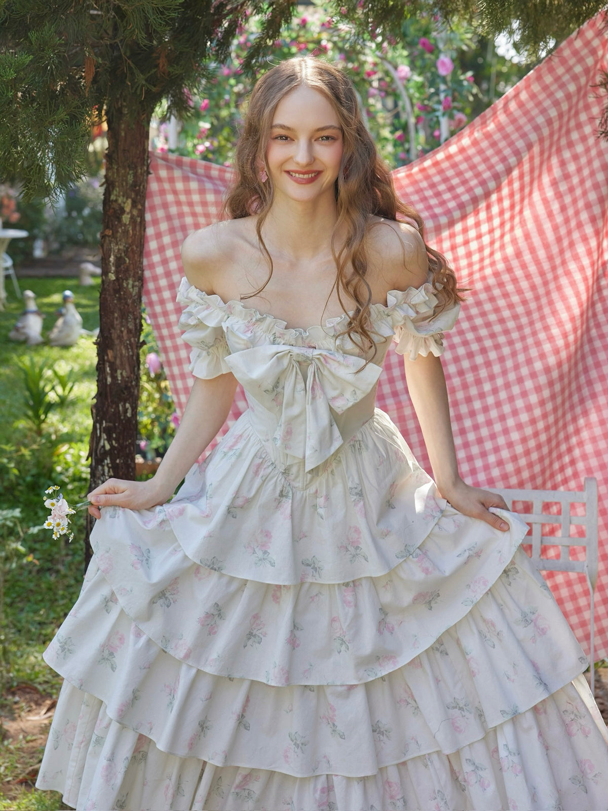 Retro Pastoral Print Bowknot Herringbone Dress R5114