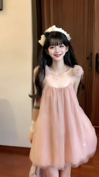 Gentle temperament pink mesh suspender dress high-grade loose A-line short skirt R0820
