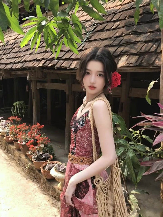 Women's Retro Floral Sling Dress Beautiful Waist A-Line Long Dress R0605