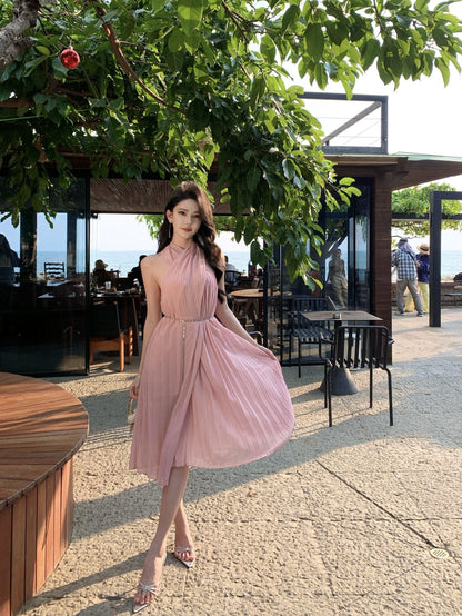 Pink sleeveless halter dress gentle style super beautiful dress R0727