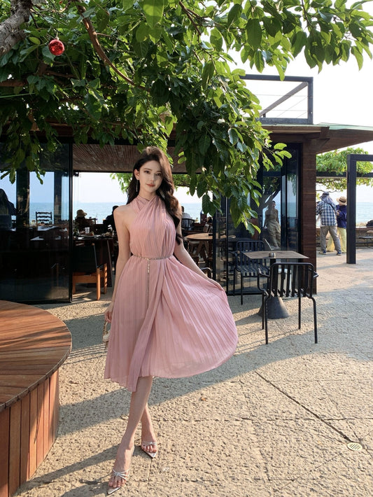 Pink sleeveless halter dress gentle style super beautiful dress R0727