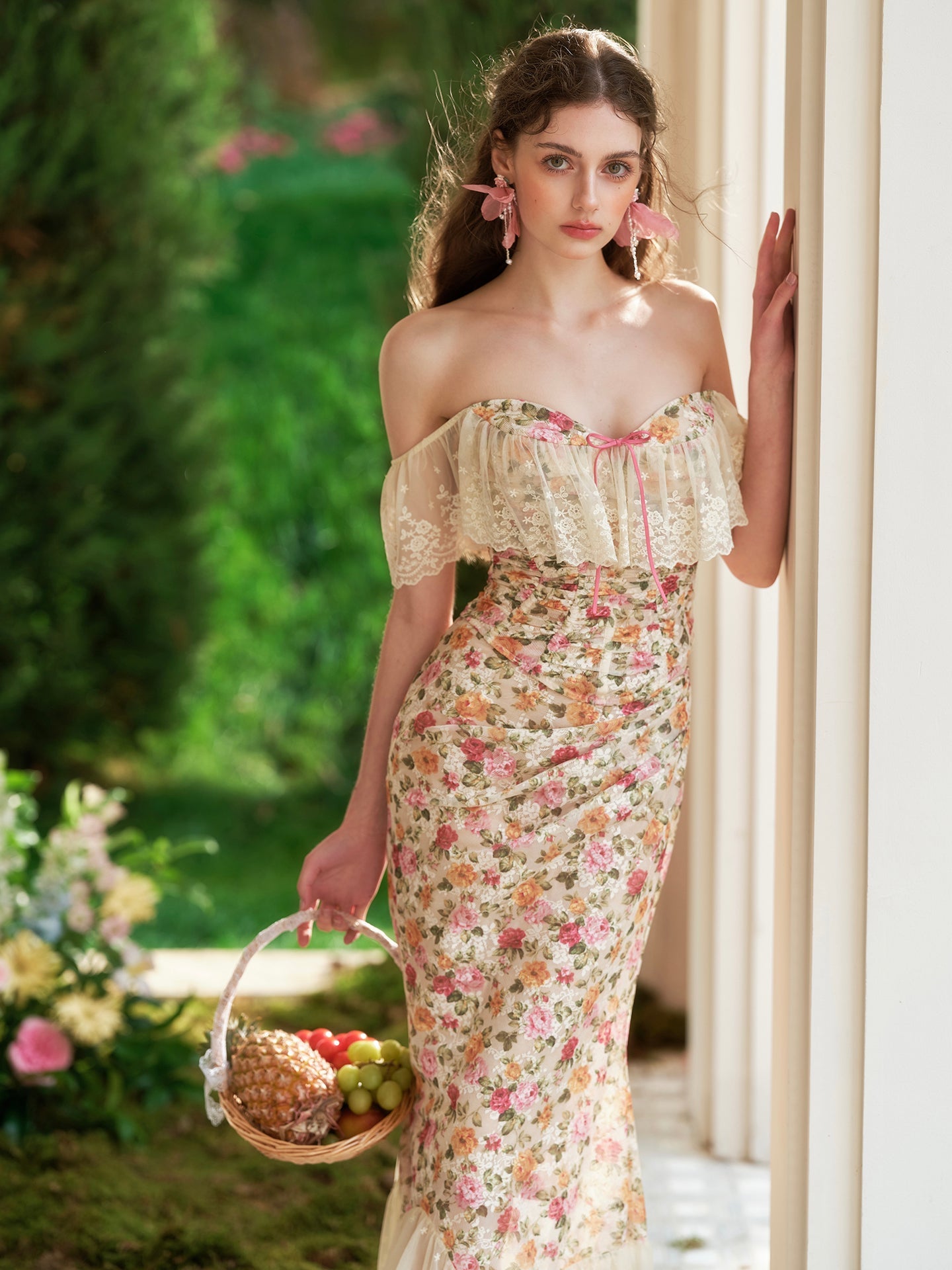 French romantic floral lace tube top fishbone top fishtail skirt suit homecoming dress R5121
