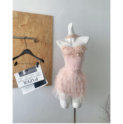 Cute Spaghetti Straps Pink Ruffles Tulle Summer Dress 2 Pieces Holiday Party Outfits For Women DP0094