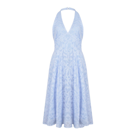 French style fairy blue jacquard halter neck backless suspender dress with slim waist and V-neck dress R3101