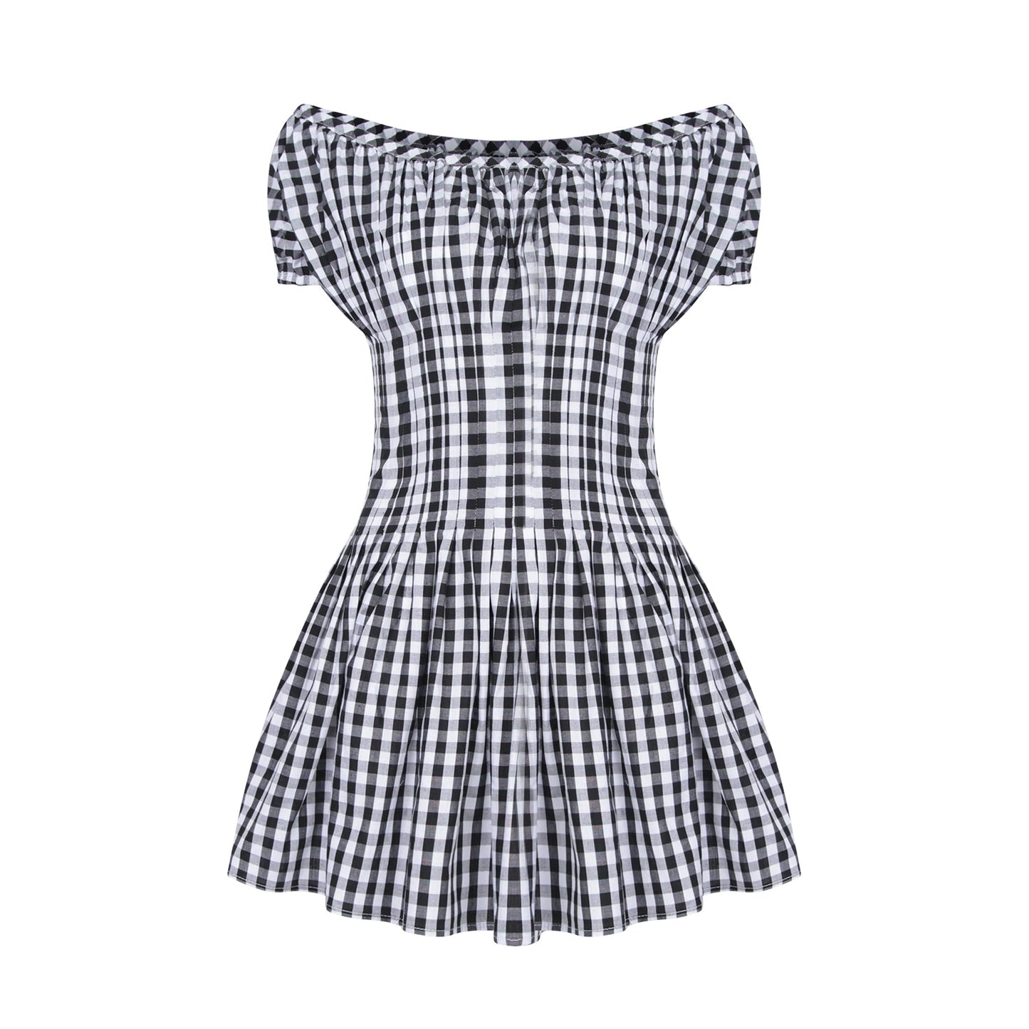 Literary style retro black and white plaid waist short-sleeved dress summer mini skirt R3099