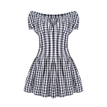 Literary style retro black and white plaid waist short-sleeved dress summer mini skirt R3099