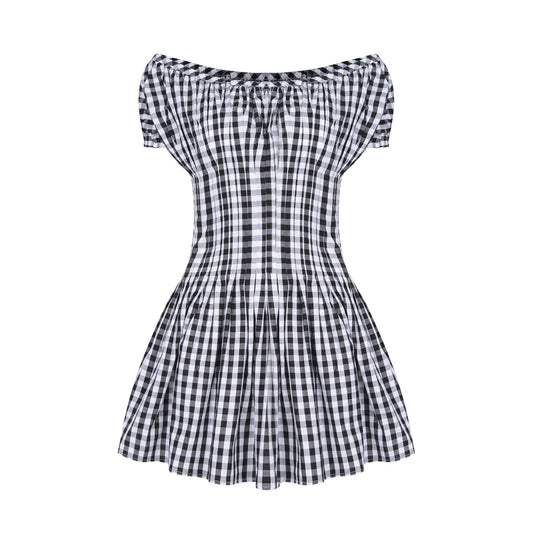 Literary style retro black and white plaid waist short-sleeved dress summer mini skirt R3099