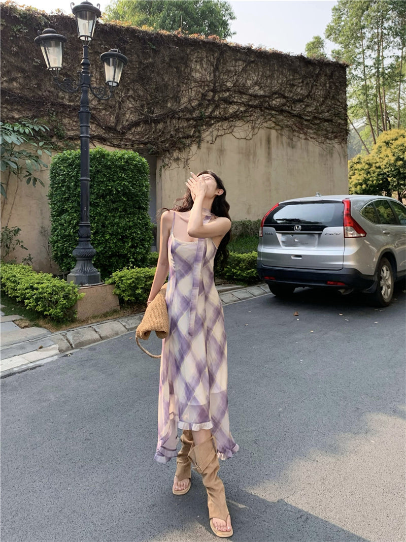 Gentle temperament purple plaid suspender dress beautiful waist A-line long skirt R0734