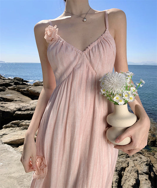 Pink flower suspender dress beautiful small skirt temperament long skirt R0521