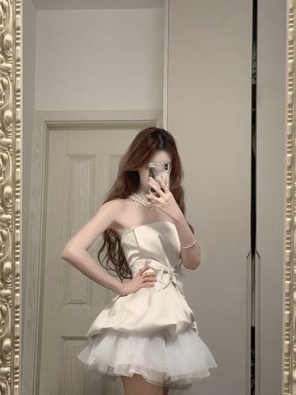 One-shoulder tube top dress gentle temperament waist dress tutu skirt R0527