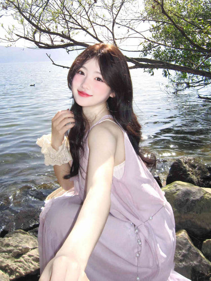 Gentle pink sleeveless halter neck dress beautiful loose skirt R0528